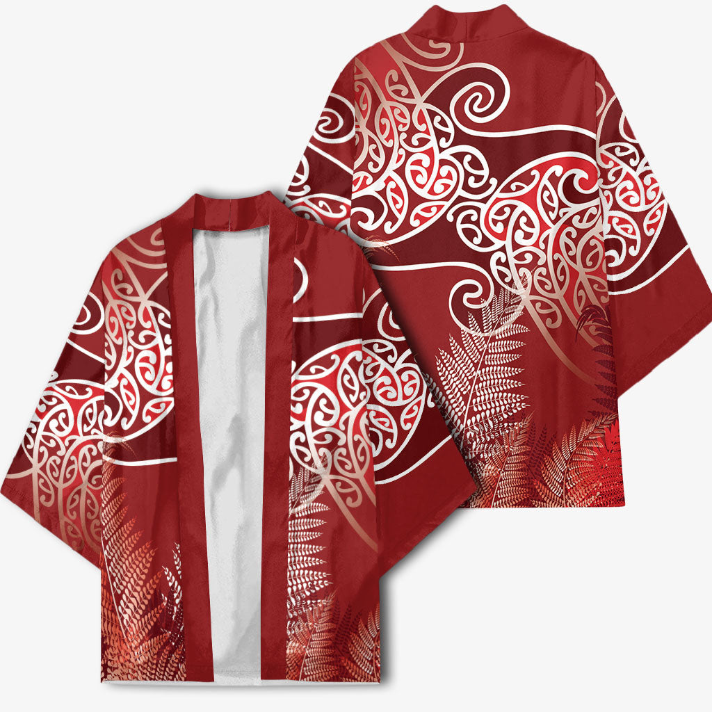 Aotearoa Maori Koru Curves Kimono Silver Ferns - Crimson Red