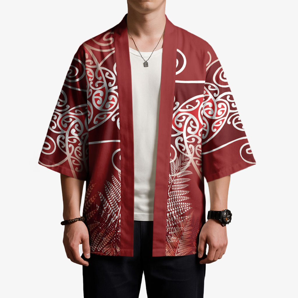 Aotearoa Maori Koru Curves Kimono Silver Ferns - Crimson Red