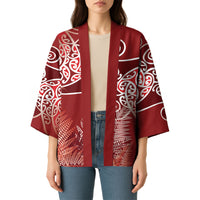 Aotearoa Maori Koru Curves Kimono Silver Ferns - Crimson Red