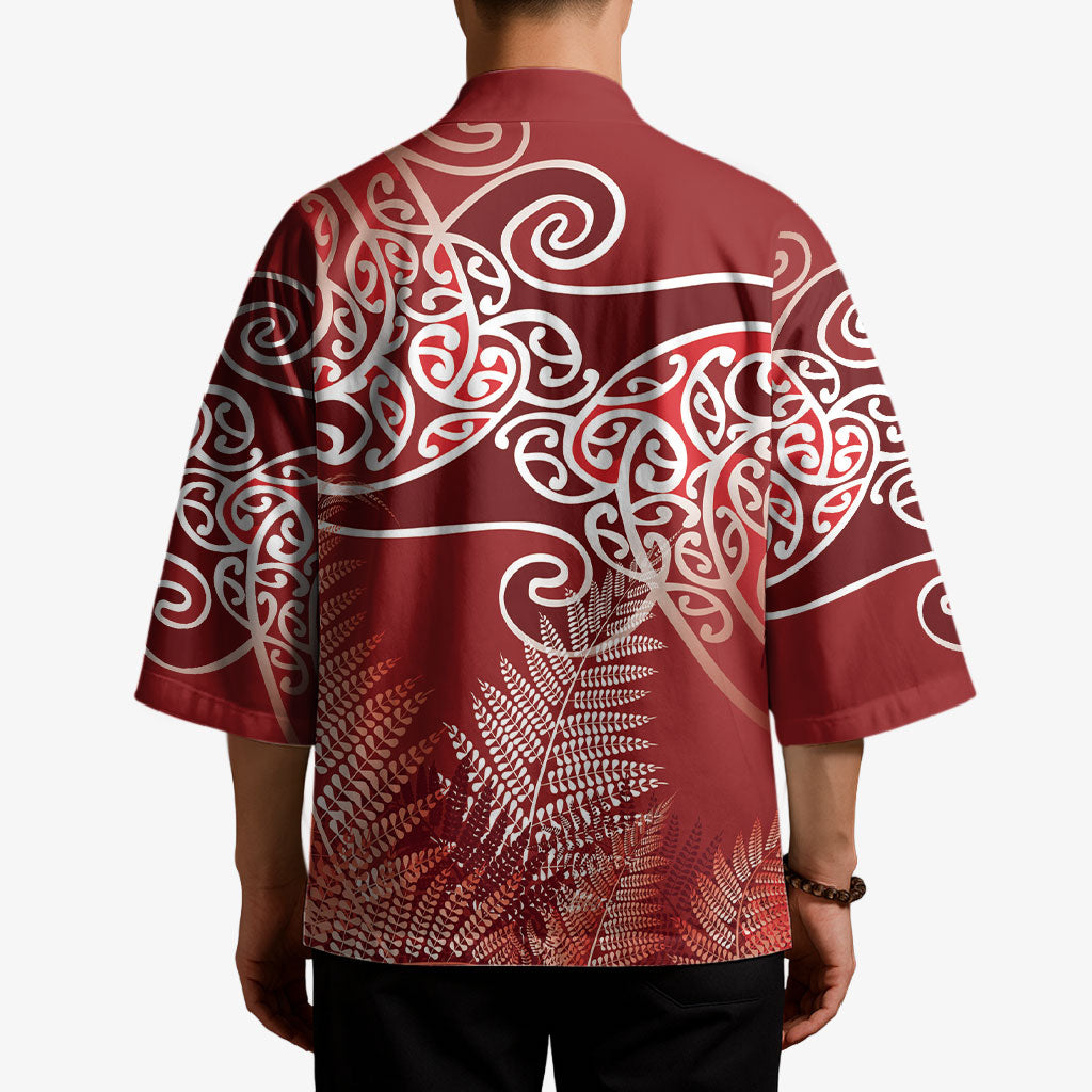 Aotearoa Maori Koru Curves Kimono Silver Ferns - Crimson Red