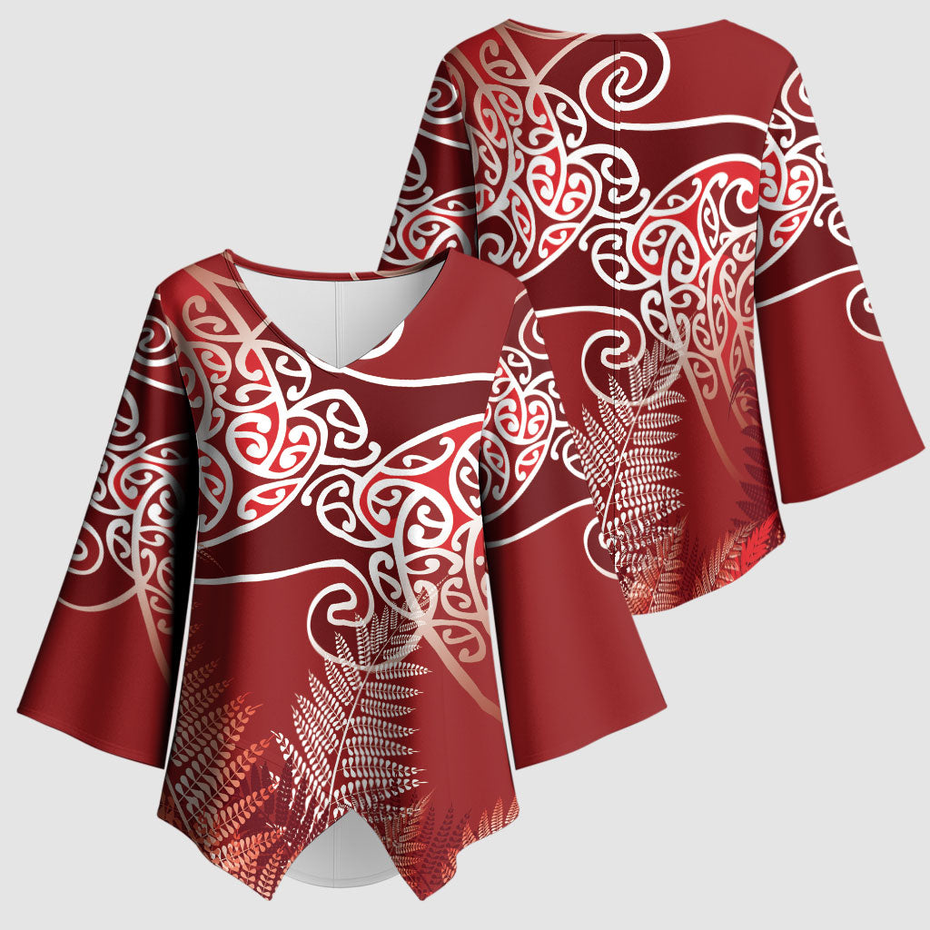 Aotearoa Maori Koru Curves Kimono Sleeve Blouse Silver Ferns - Crimson Red
