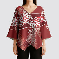 Aotearoa Maori Koru Curves Kimono Sleeve Blouse Silver Ferns - Crimson Red