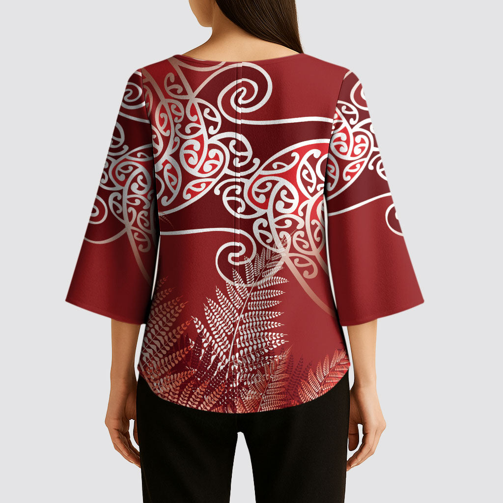Aotearoa Maori Koru Curves Kimono Sleeve Blouse Silver Ferns - Crimson Red