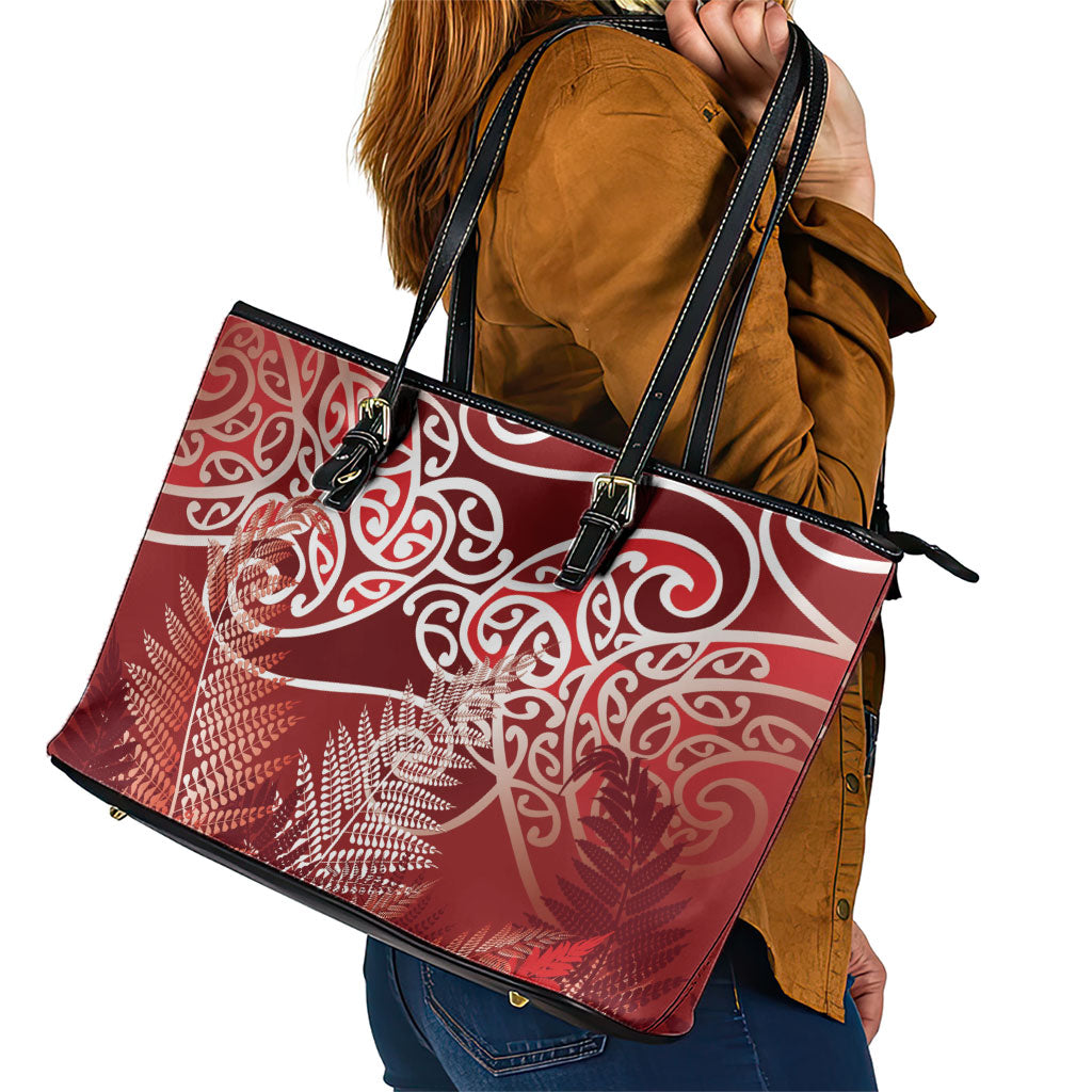 Aotearoa Maori Koru Curves Leather Tote Bag Silver Ferns - Crimson Red