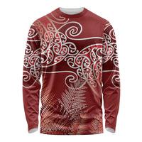 Aotearoa Maori Koru Curves Long Sleeve Shirt Silver Ferns - Crimson Red