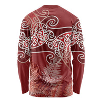 Aotearoa Maori Koru Curves Long Sleeve Shirt Silver Ferns - Crimson Red