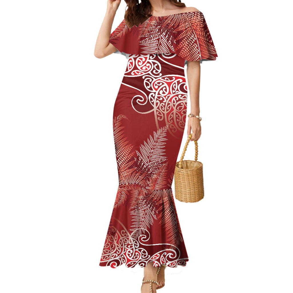 Aotearoa Maori Koru Curves Mermaid Dress Silver Ferns - Crimson Red