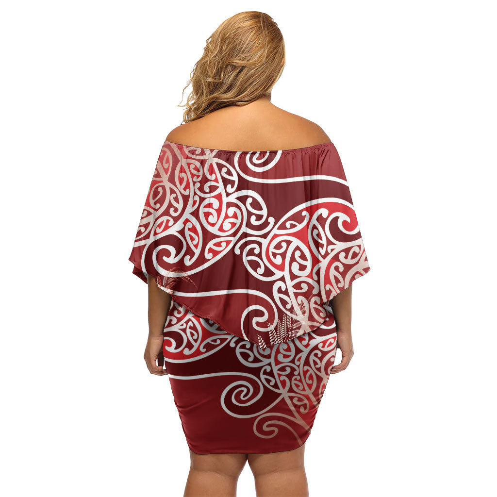 Aotearoa Maori Koru Curves Off Shoulder Short Dress Silver Ferns - Crimson Red