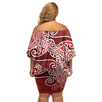 Aotearoa Maori Koru Curves Off Shoulder Short Dress Silver Ferns - Crimson Red