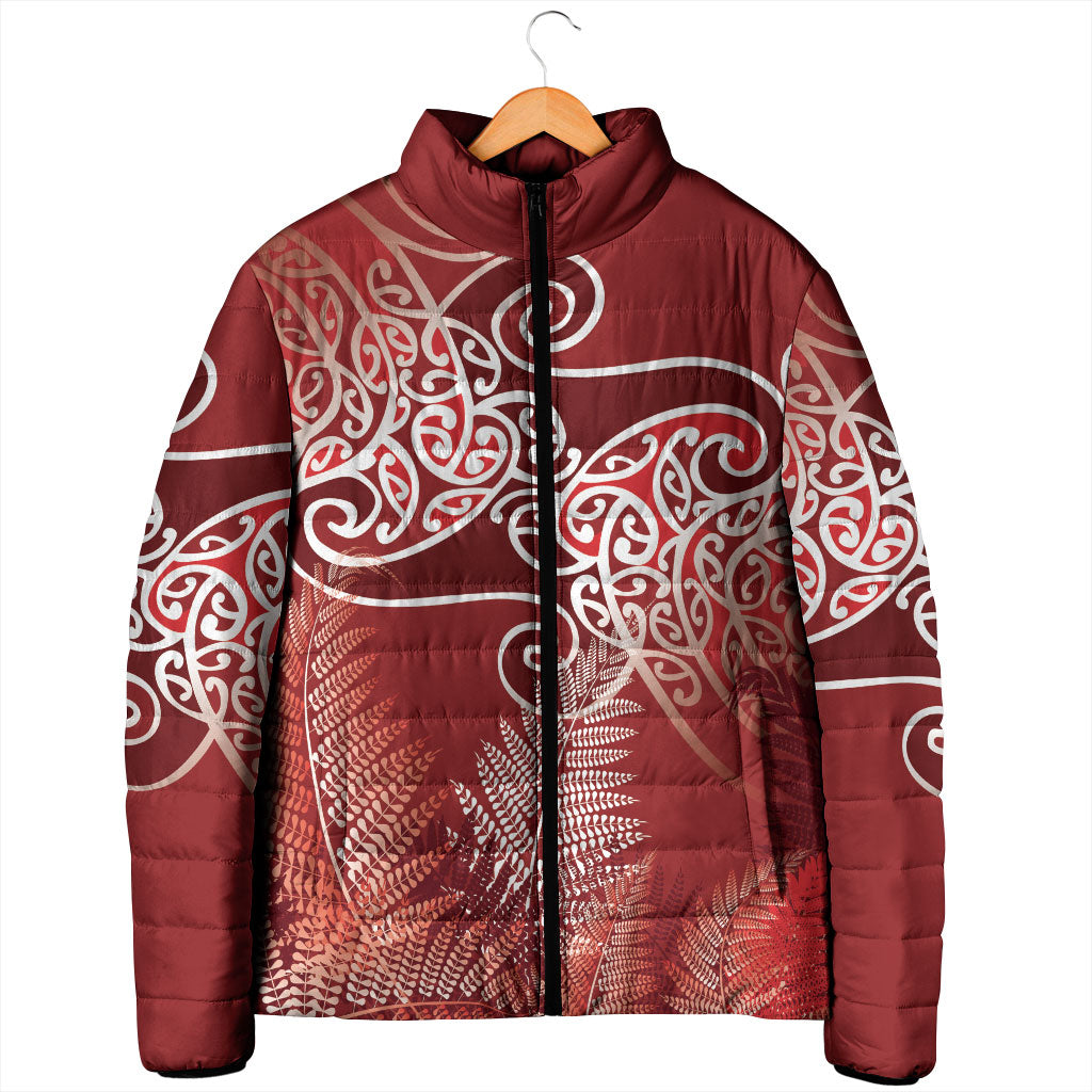 Aotearoa Maori Koru Curves Padded Jacket Silver Ferns - Crimson Red