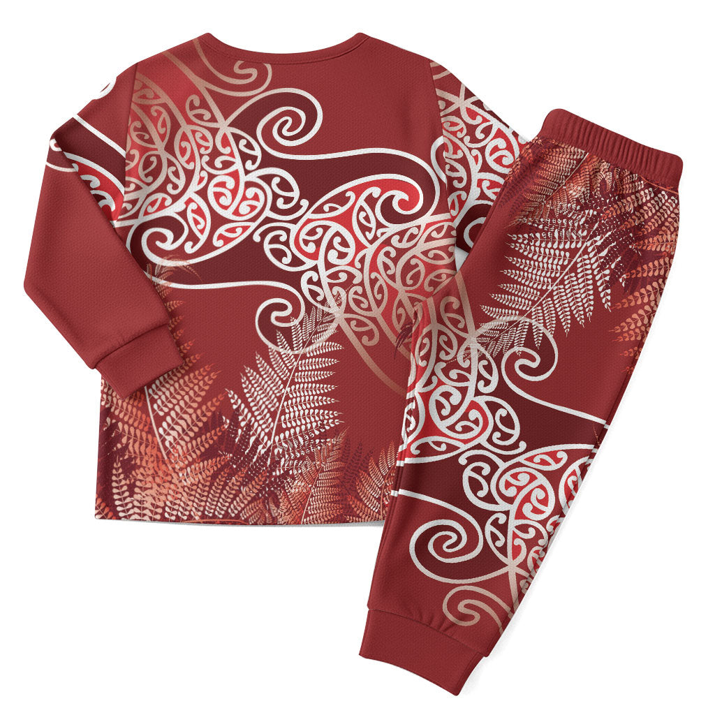Aotearoa Maori Koru Curves Christmas Pajama Set Silver Ferns - Crimson Red LT7 - Polynesian Pride