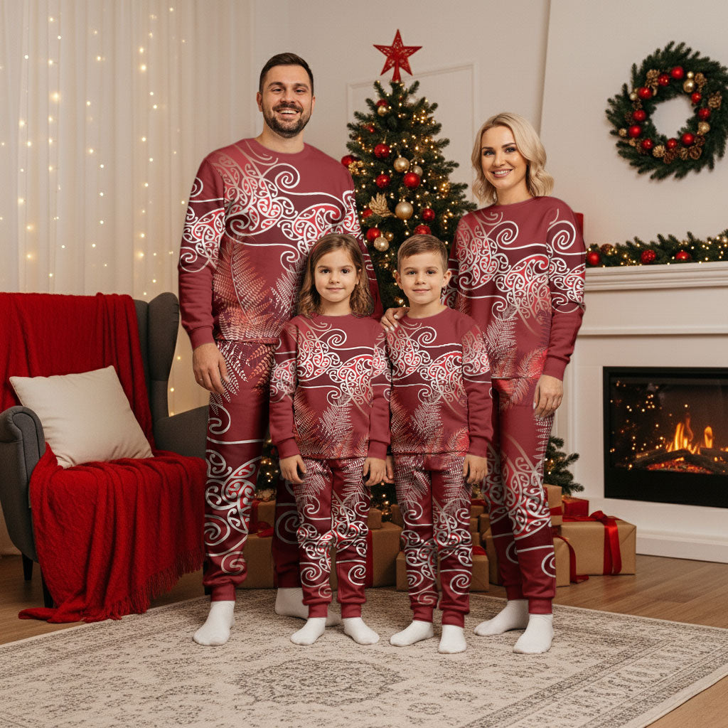 Aotearoa Maori Koru Curves Christmas Pajama Set Silver Ferns - Crimson Red LT7 - Polynesian Pride