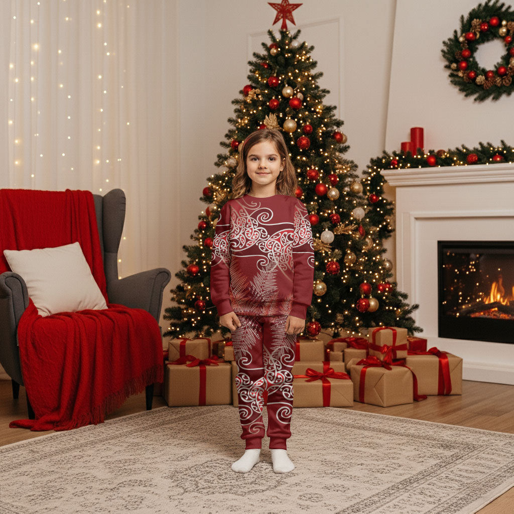Aotearoa Maori Koru Curves Christmas Pajama Set Silver Ferns - Crimson Red LT7 Kid Red - Polynesian Pride