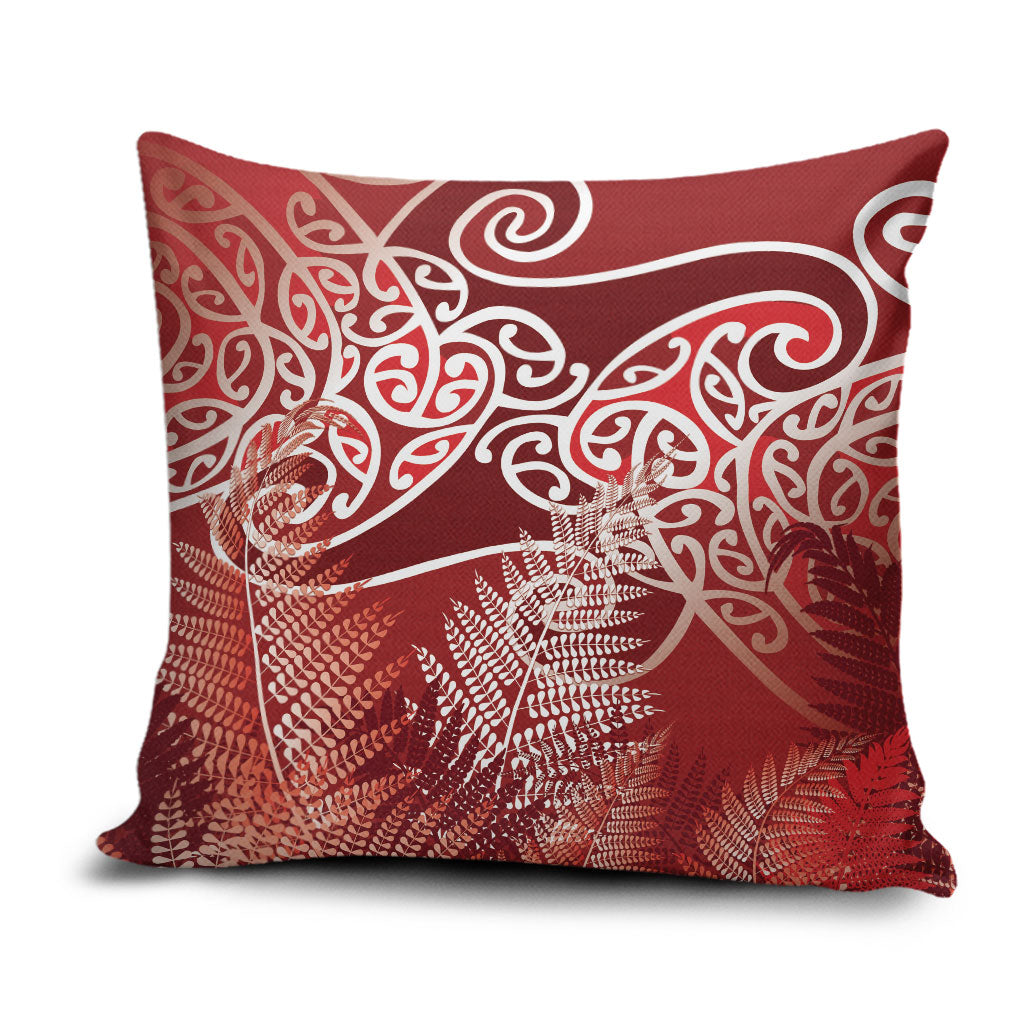 Aotearoa Maori Koru Curves Pillow Cover Silver Ferns - Crimson Red