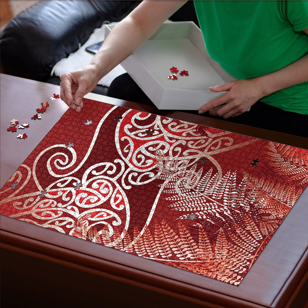 Aotearoa Maori Koru Curves Puzzle Silver Ferns - Crimson Red