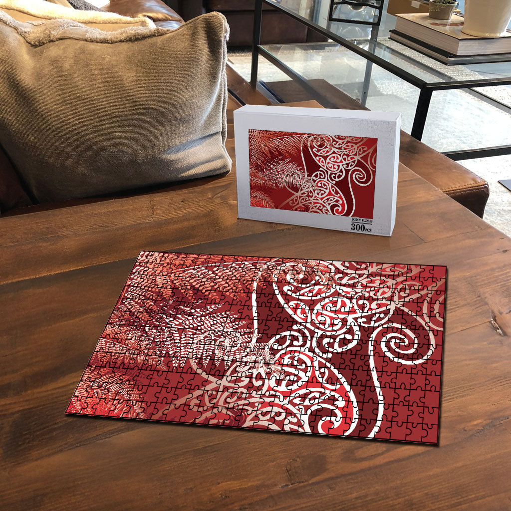 Aotearoa Maori Koru Curves Puzzle Silver Ferns - Crimson Red