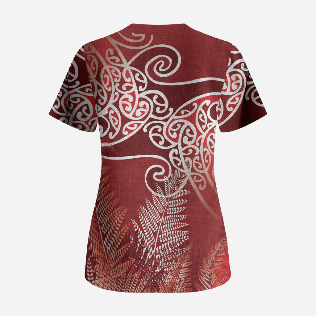 Aotearoa Maori Koru Curves Scrub Top Silver Ferns - Crimson Red