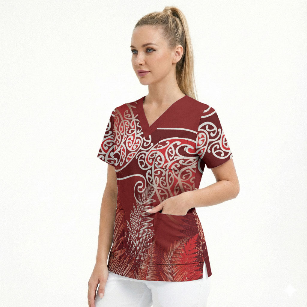 Aotearoa Maori Koru Curves Scrub Top Silver Ferns - Crimson Red