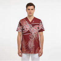 Aotearoa Maori Koru Curves Scrub Top Silver Ferns - Crimson Red