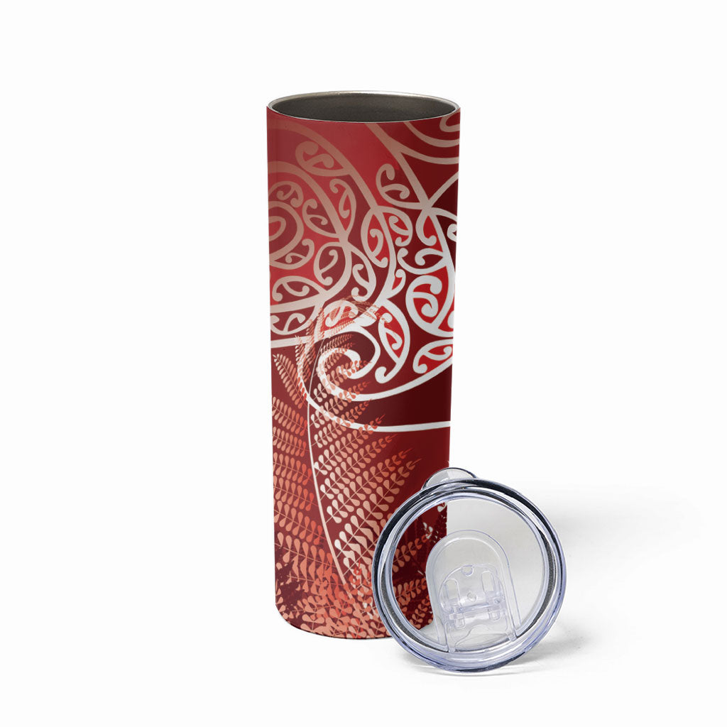 Aotearoa Maori Koru Curves Skinny Tumbler Silver Ferns - Crimson Red