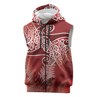 Aotearoa Maori Koru Curves Sleeveless Zip Hoodie Silver Ferns - Crimson Red