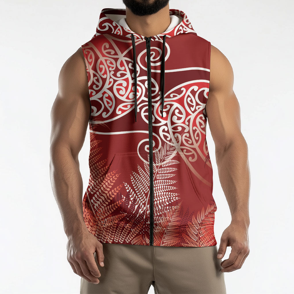 Aotearoa Maori Koru Curves Sleeveless Zip Hoodie Silver Ferns - Crimson Red