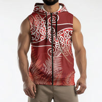 Aotearoa Maori Koru Curves Sleeveless Zip Hoodie Silver Ferns - Crimson Red