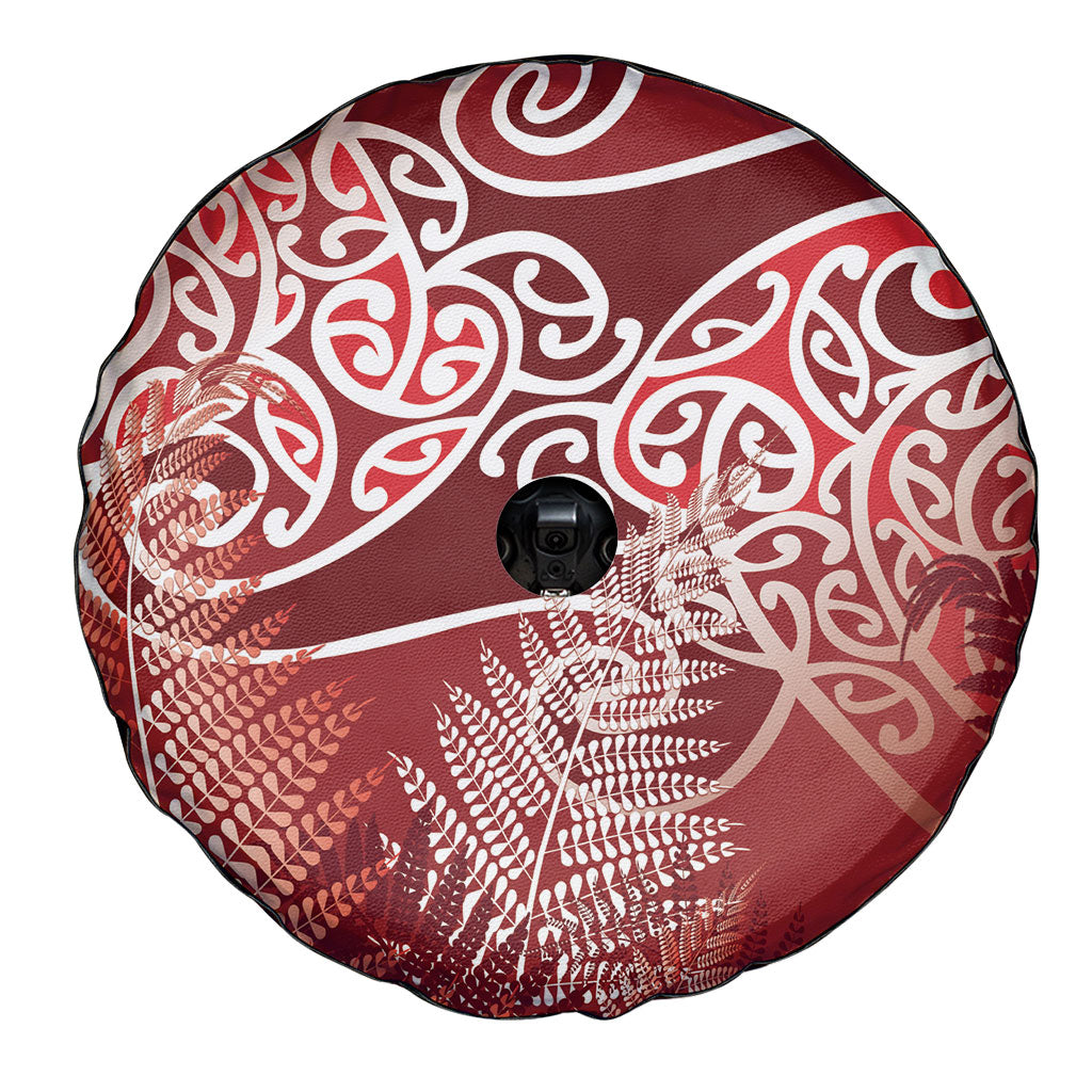 Aotearoa Maori Koru Curves Spare Tire Cover Silver Ferns - Crimson Red