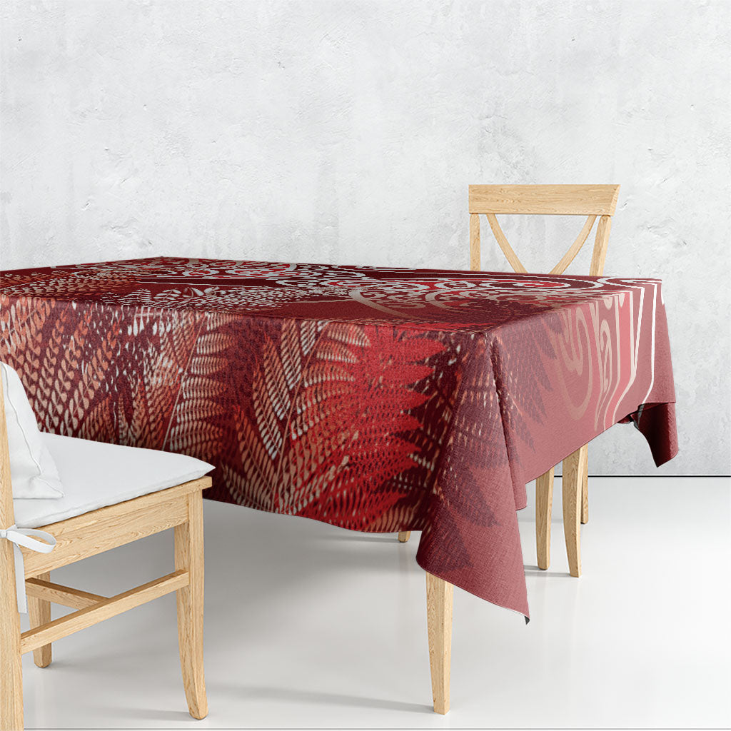 Aotearoa Maori Koru Curves Tablecloth Silver Ferns - Crimson Red