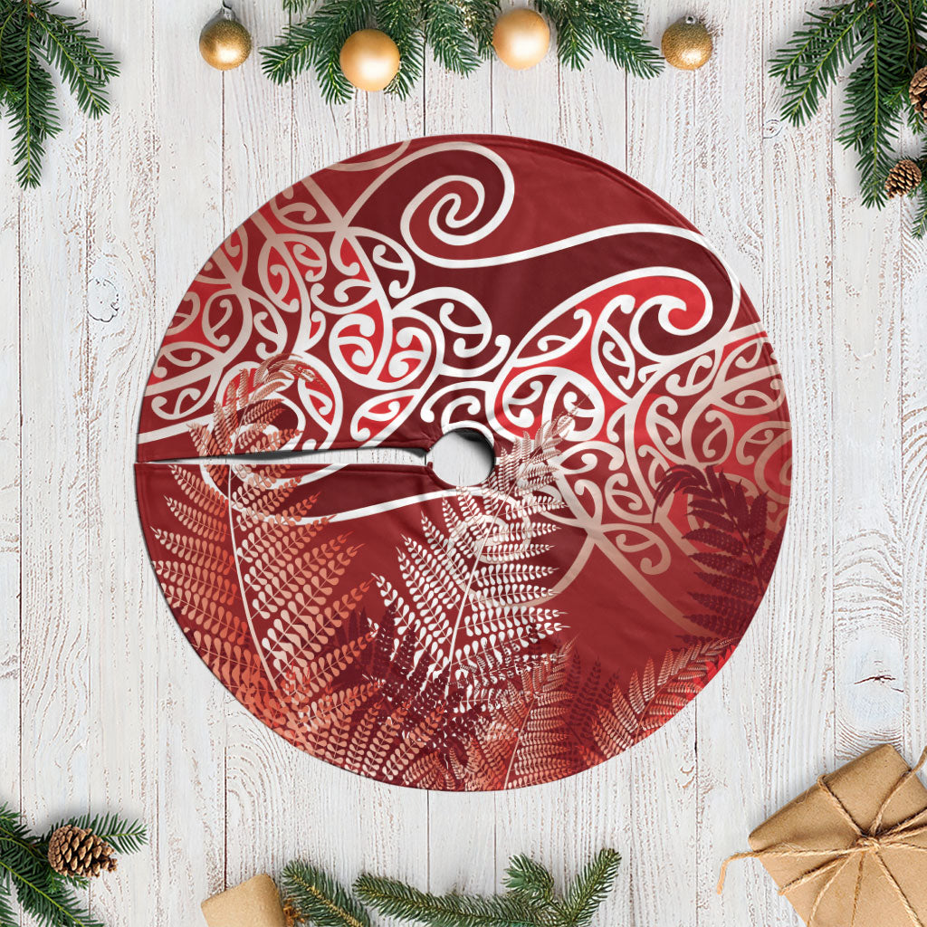 Aotearoa Maori Koru Curves Tree Skirt Silver Ferns - Crimson Red