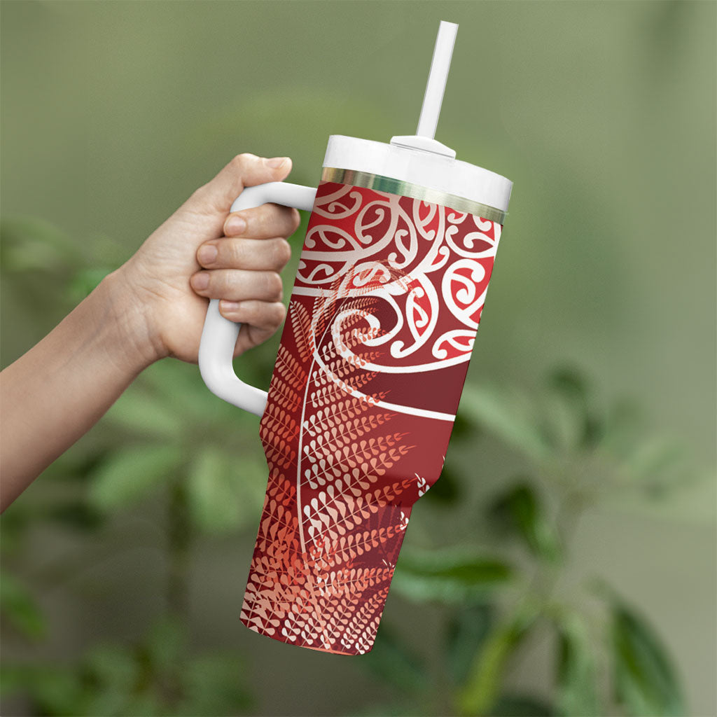 Aotearoa Maori Koru Curves Tumbler With Handle Silver Ferns - Crimson Red