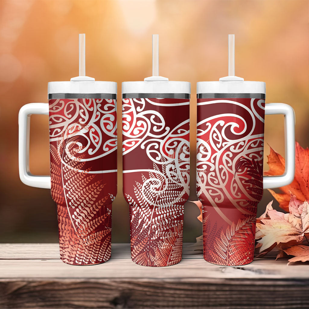 Aotearoa Maori Koru Curves Tumbler With Handle Silver Ferns - Crimson Red