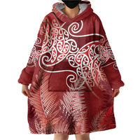 Aotearoa Maori Koru Curves Wearable Blanket Hoodie Silver Ferns - Crimson Red