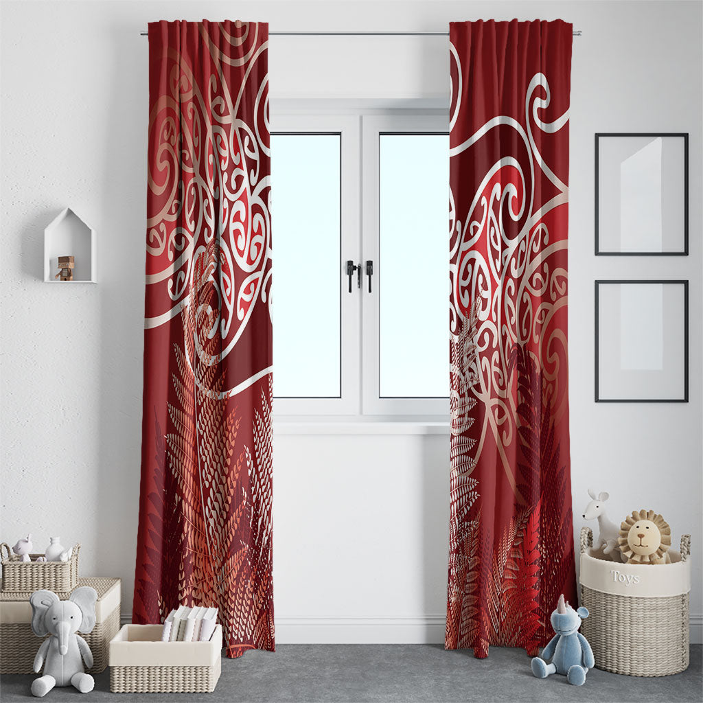 Aotearoa Maori Koru Curves Window Curtain Silver Ferns - Crimson Red