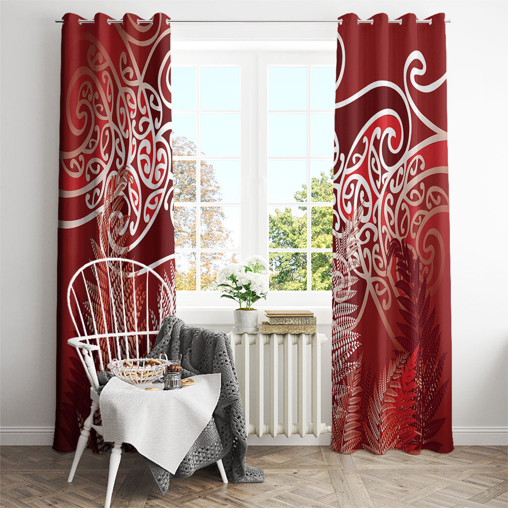 Aotearoa Maori Koru Curves Window Curtain Silver Ferns - Crimson Red