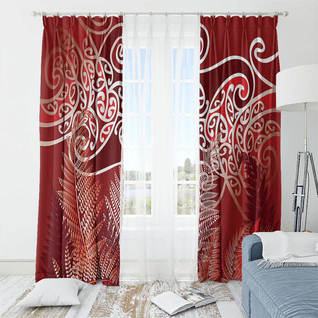 Aotearoa Maori Koru Curves Window Curtain Silver Ferns - Crimson Red