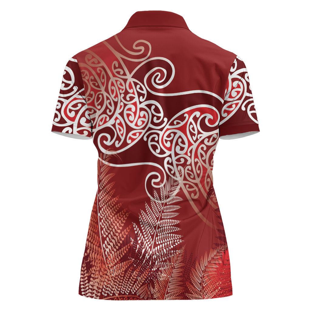 Aotearoa Maori Koru Curves Women Polo Shirt Silver Ferns - Crimson Red
