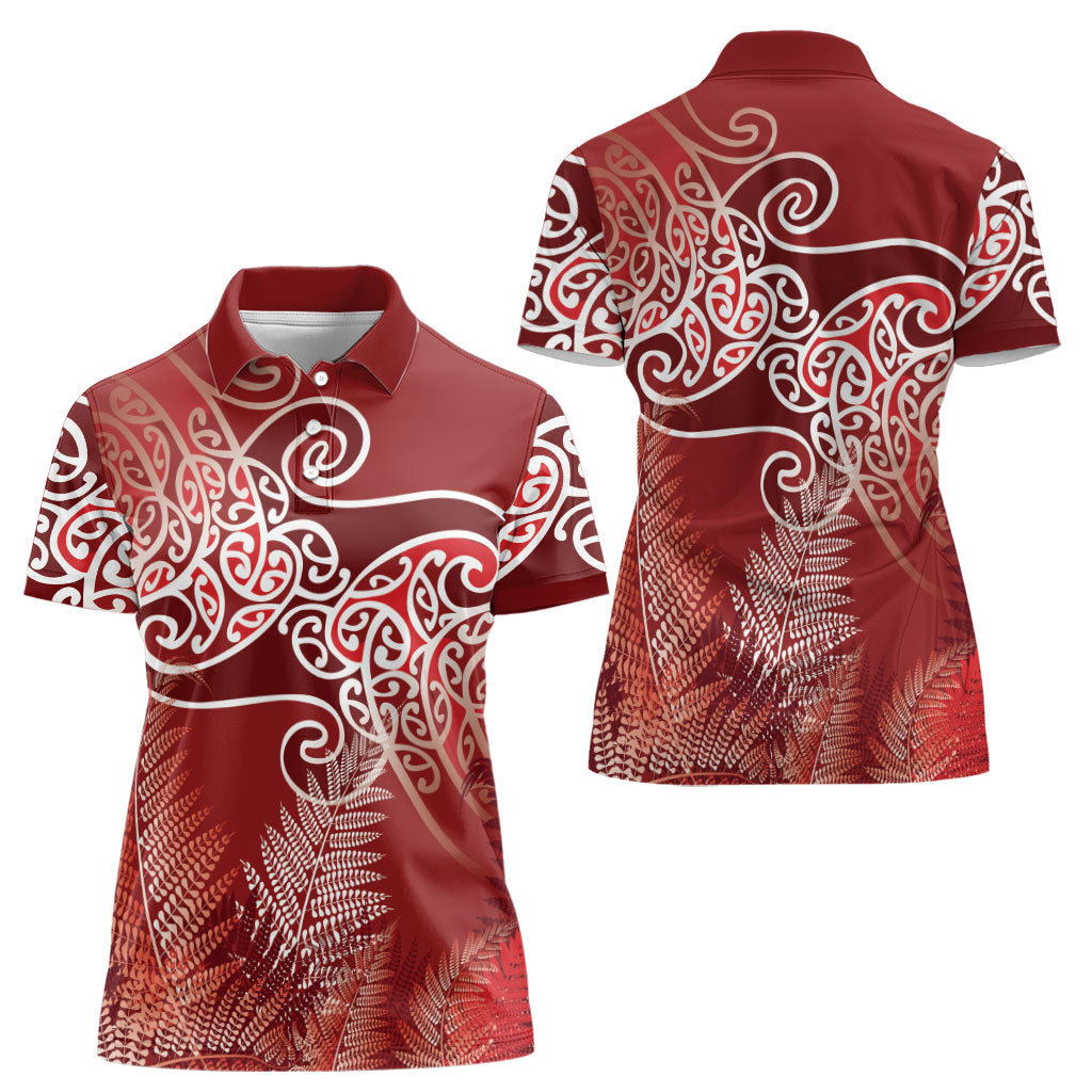 Aotearoa Maori Koru Curves Women Polo Shirt Silver Ferns - Crimson Red