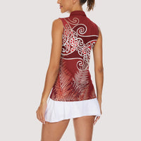 Aotearoa Maori Koru Curves Women Sleeveless Polo Shirt Silver Ferns - Crimson Red