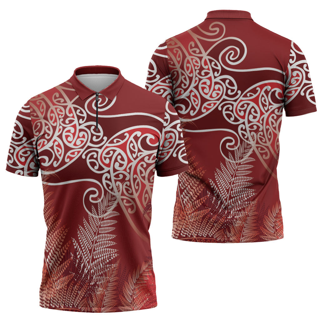 Aotearoa Maori Koru Curves Zipper Polo Shirt Silver Ferns - Crimson Red