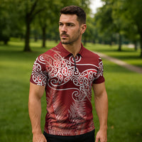 Aotearoa Maori Koru Curves Zipper Polo Shirt Silver Ferns - Crimson Red