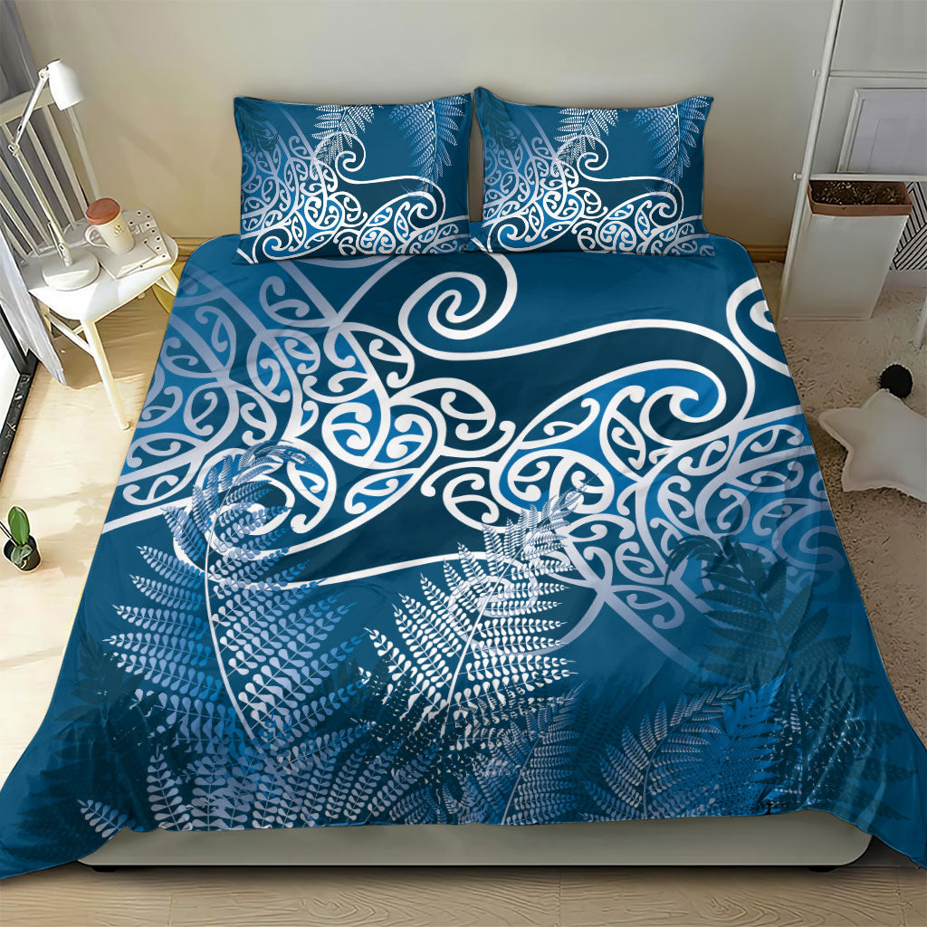 Aotearoa Maori Koru Curves Bedding Set Silver Ferns - Navy Blue