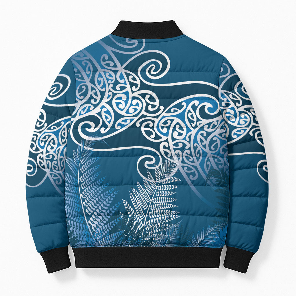 Aotearoa Maori Koru Curves Bomber Puffer Jacket Silver Ferns - Navy Blue