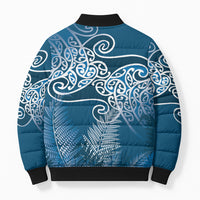 Aotearoa Maori Koru Curves Bomber Puffer Jacket Silver Ferns - Navy Blue