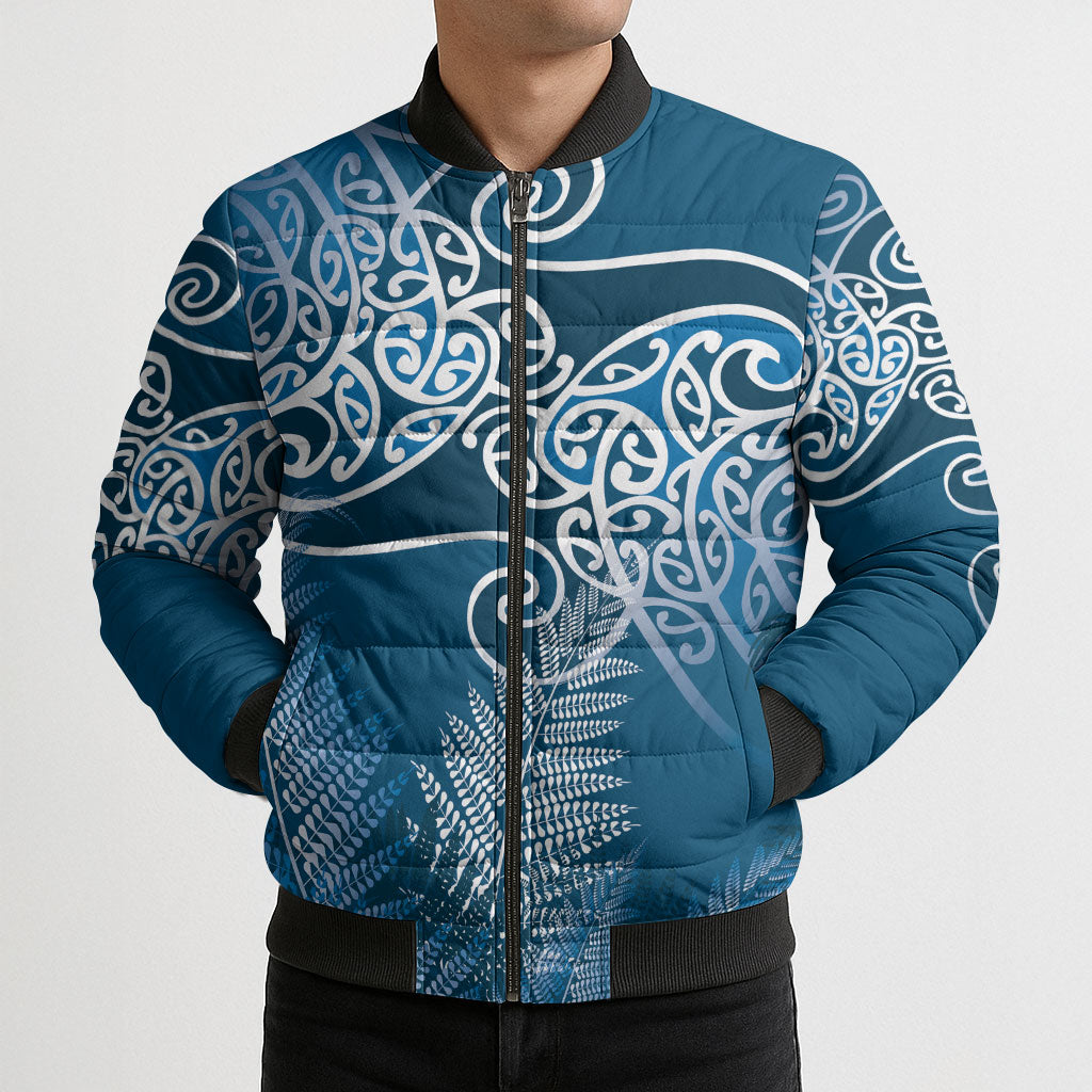 Aotearoa Maori Koru Curves Bomber Puffer Jacket Silver Ferns - Navy Blue
