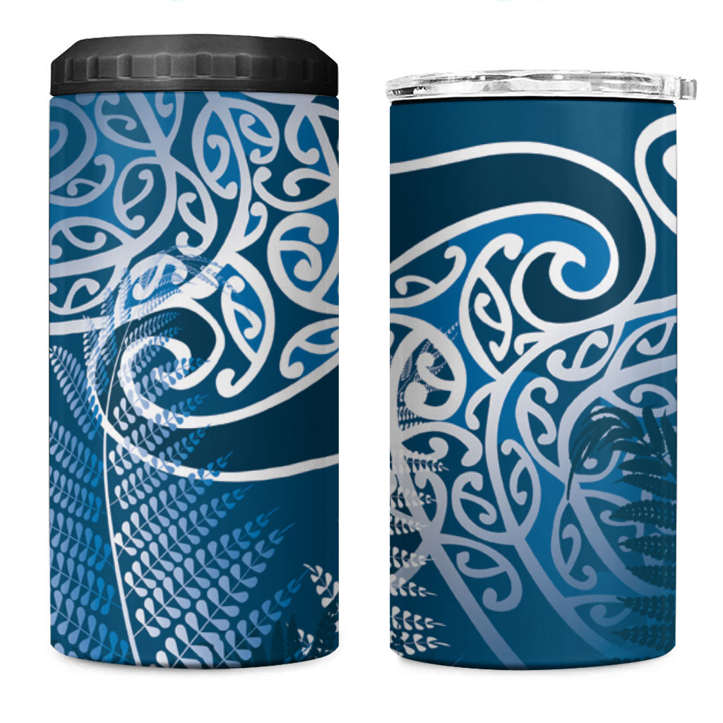Aotearoa Maori Koru Curves 4 in 1 Can Cooler Tumbler Silver Ferns - Navy Blue