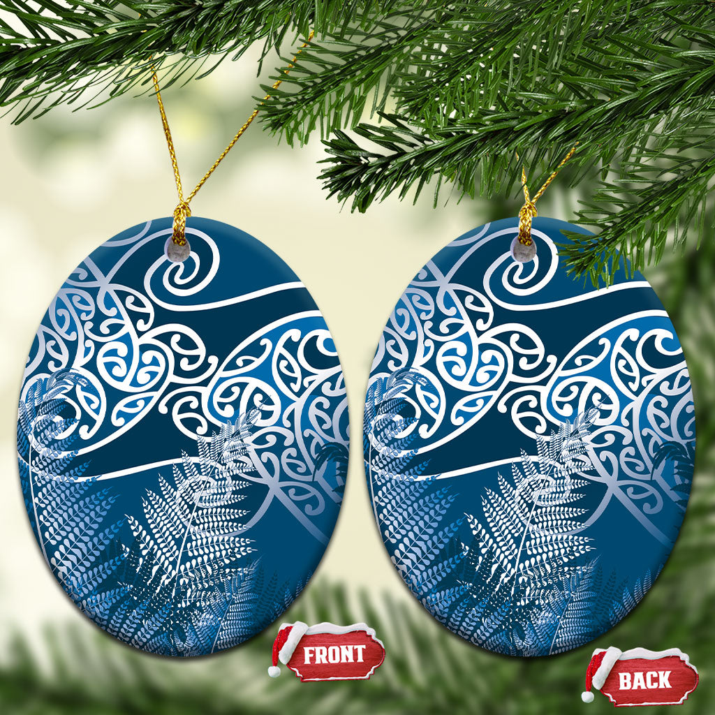 Aotearoa Maori Koru Curves Ceramic Ornament Silver Ferns - Navy Blue