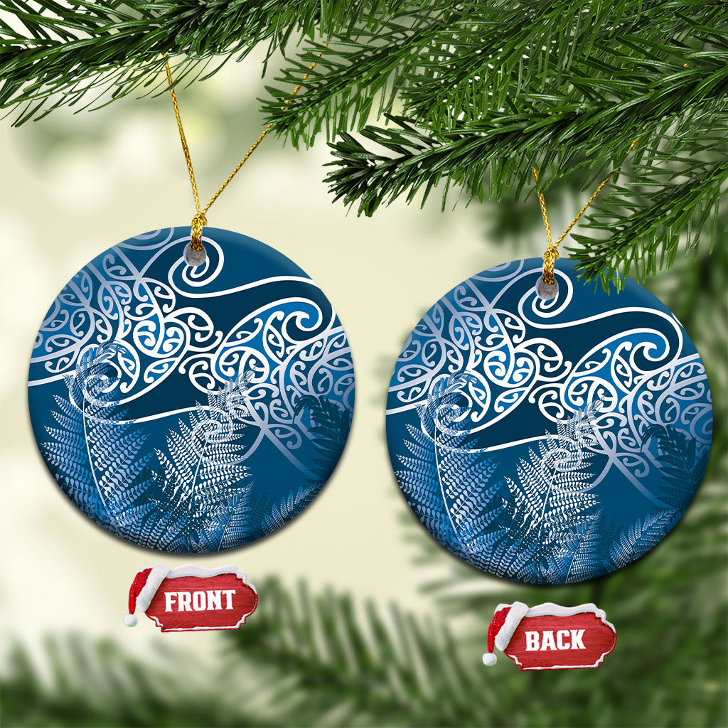 Aotearoa Maori Koru Curves Ceramic Ornament Silver Ferns - Navy Blue LT7 Circle Navy Blue - Polynesian Pride