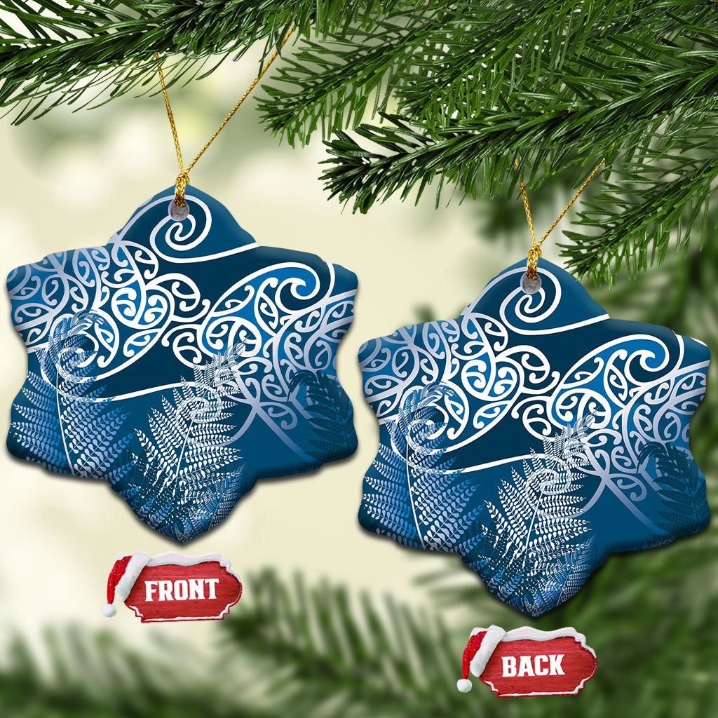 Aotearoa Maori Koru Curves Ceramic Ornament Silver Ferns - Navy Blue