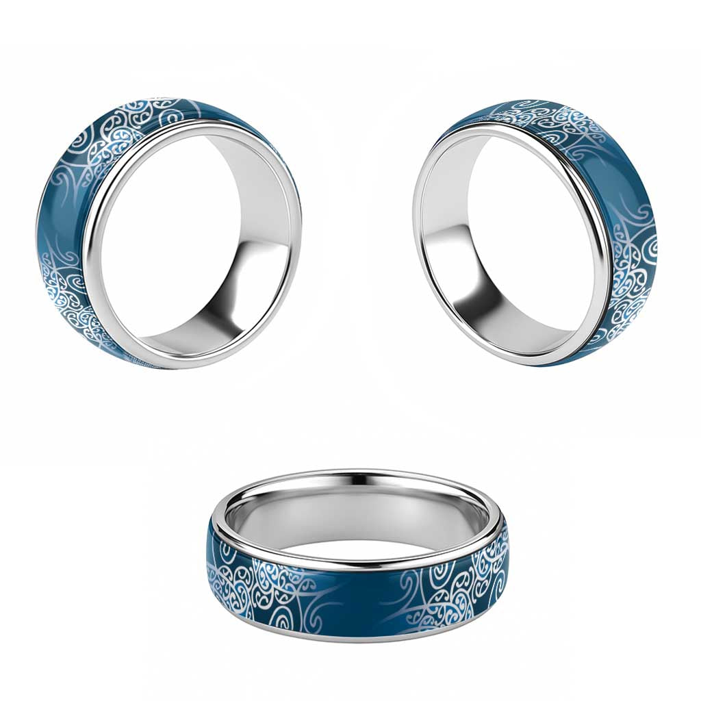Aotearoa Maori Koru Curves Classic Ring Silver Ferns - Navy Blue